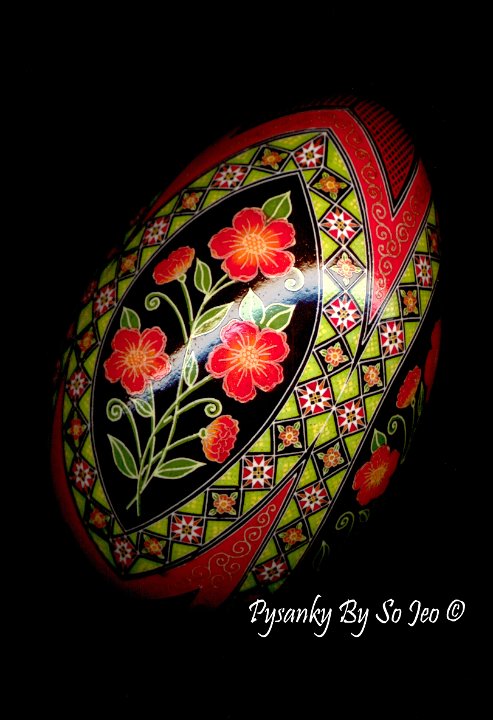 Scarlet Posies Pysanka Pysanky Ukrainian Easter Egg Batik Art by So Jeo